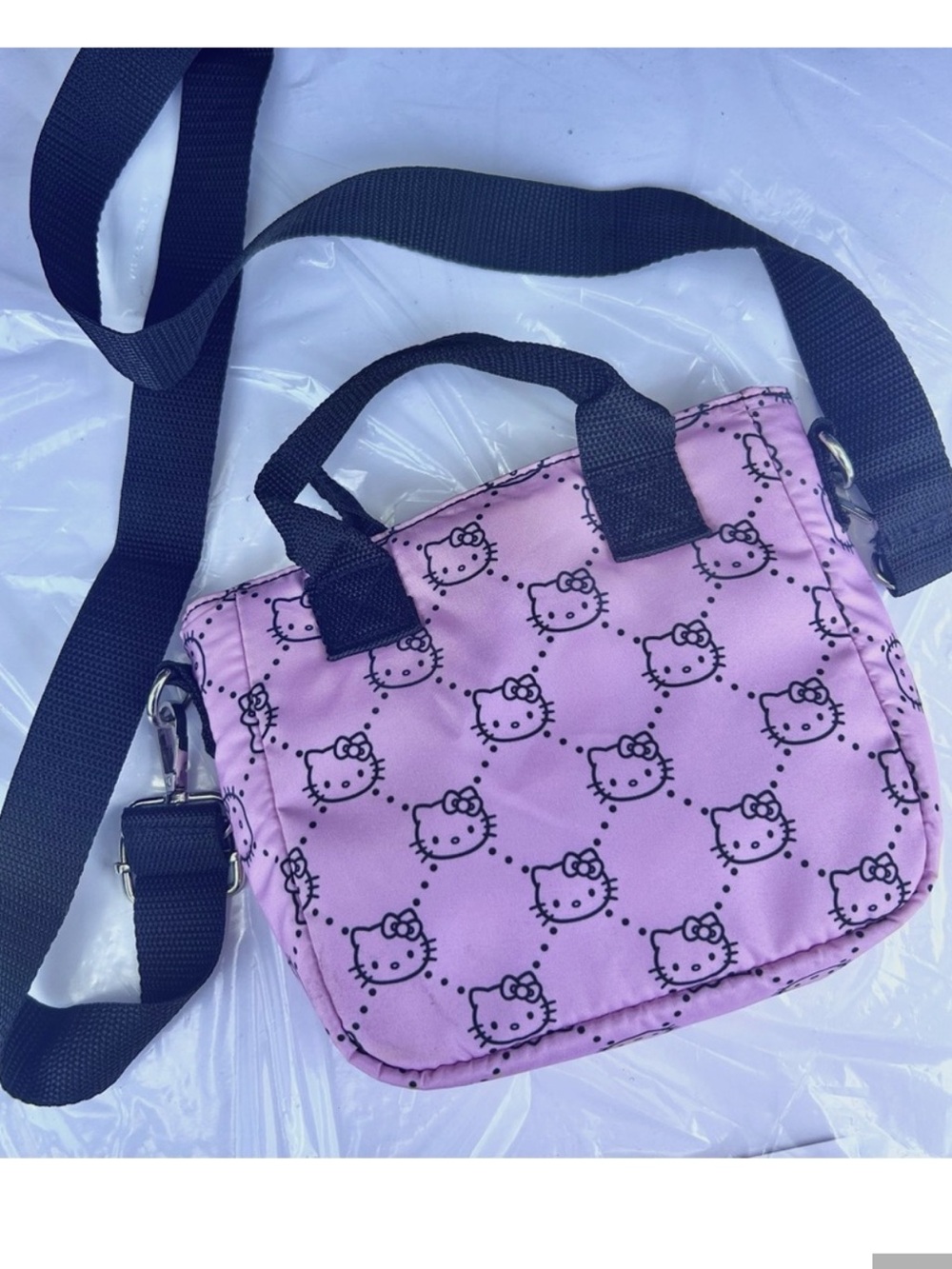 Hello Kitty crossbody purse pink & black print fabric mesh strap